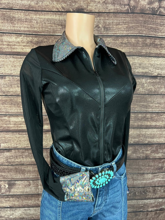 Black Mystique Mesh Sleeve Zipper Front Rodeo Shirt - Riverside Rodeo Shirts