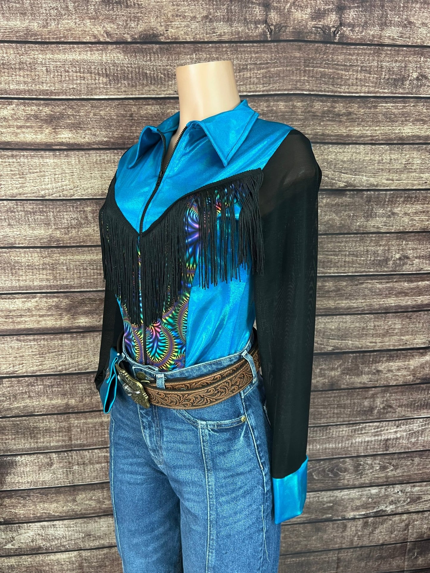 Cassidy Zipper Front Rodeo Shirt with Yoke Fringe and Mesh Sleeves - Riverside Rodeo Shirts