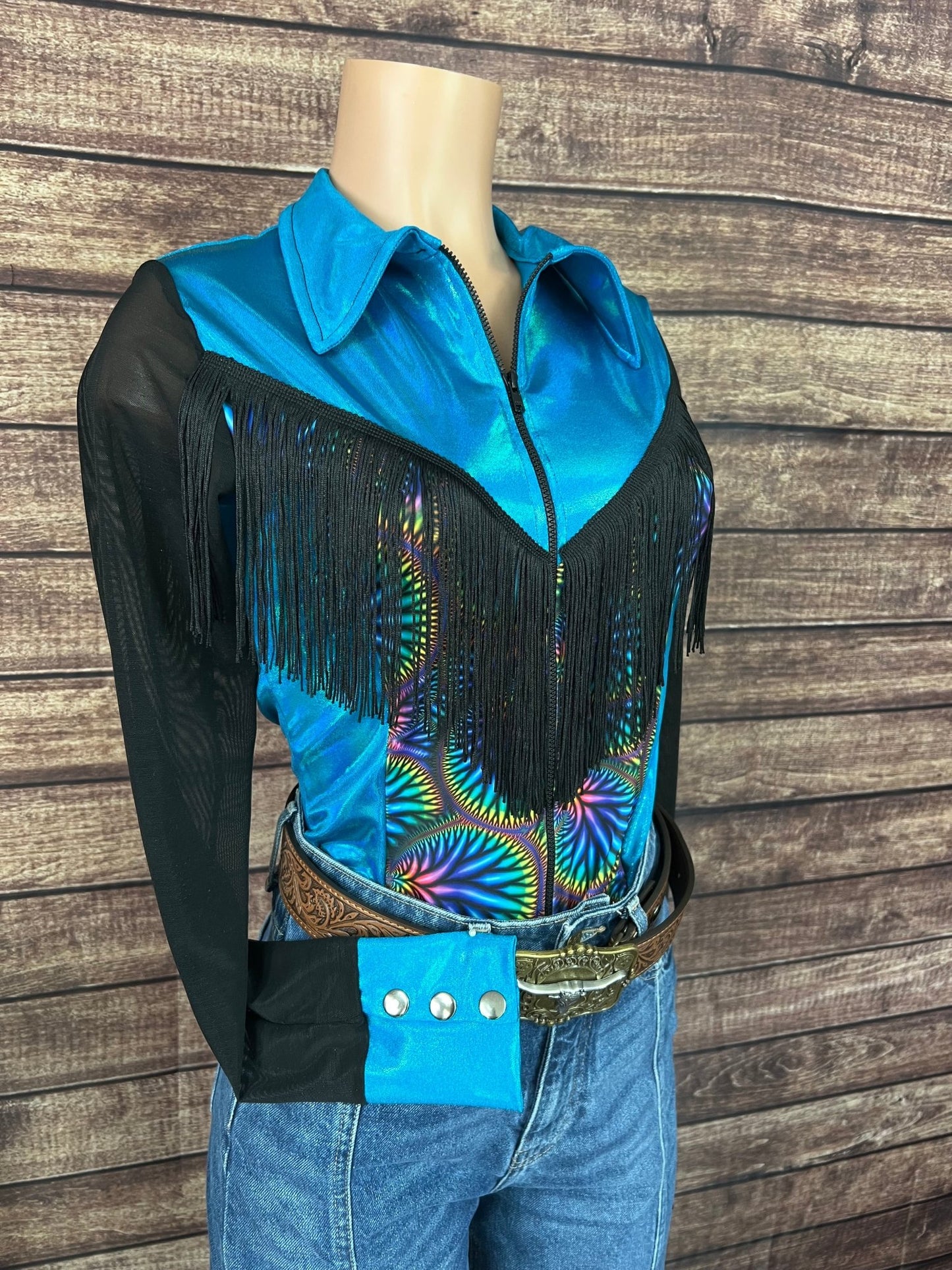 Cassidy Zipper Front Rodeo Shirt with Yoke Fringe and Mesh Sleeves - Riverside Rodeo Shirts