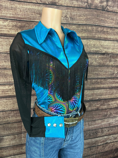 Cassidy Zipper Front Rodeo Shirt with Yoke Fringe and Mesh Sleeves - Riverside Rodeo Shirts