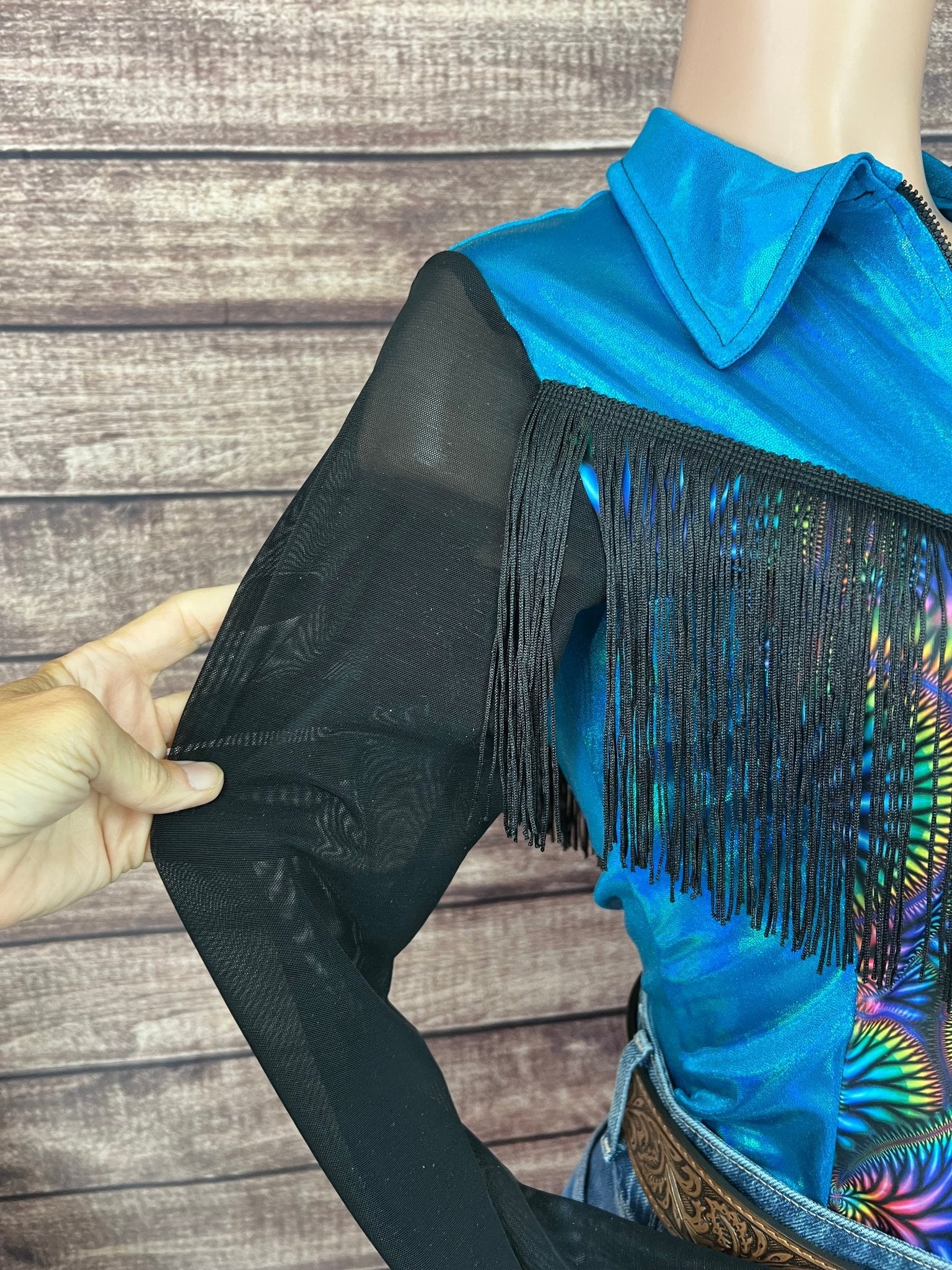 Cassidy Zipper Front Rodeo Shirt with Yoke Fringe and Mesh Sleeves - Riverside Rodeo Shirts