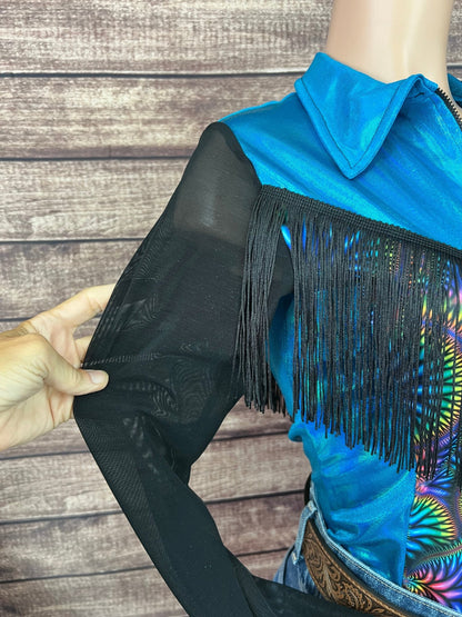 Cassidy Zipper Front Rodeo Shirt with Yoke Fringe and Mesh Sleeves - Riverside Rodeo Shirts