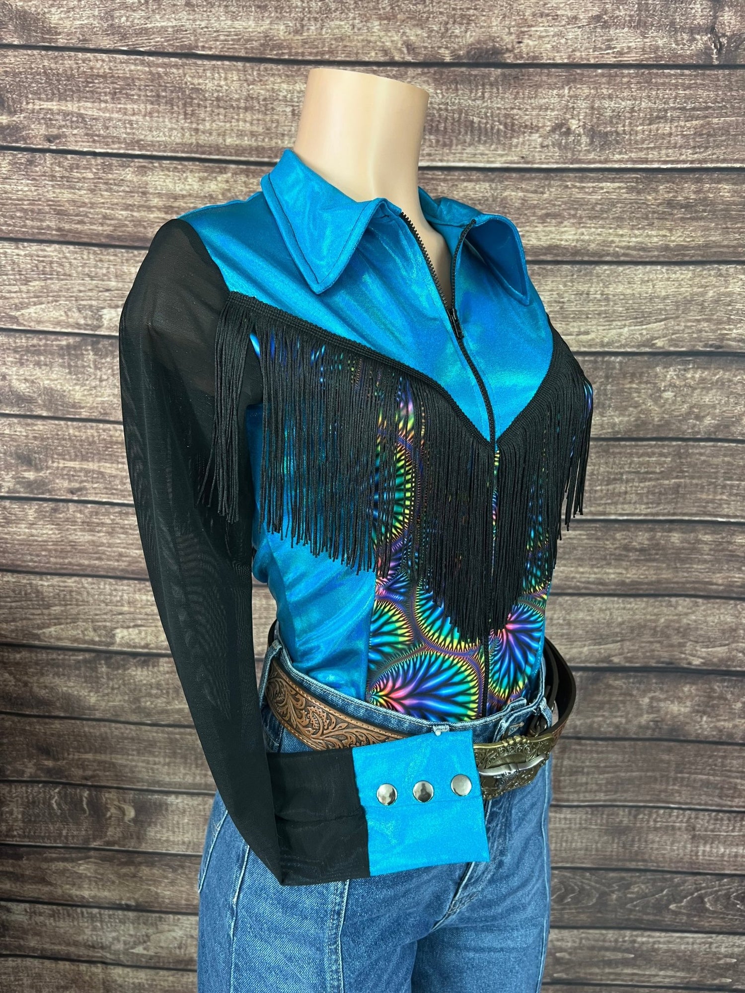 Cassidy Zipper Front Rodeo Shirt with Yoke Fringe and Mesh Sleeves - Riverside Rodeo Shirts