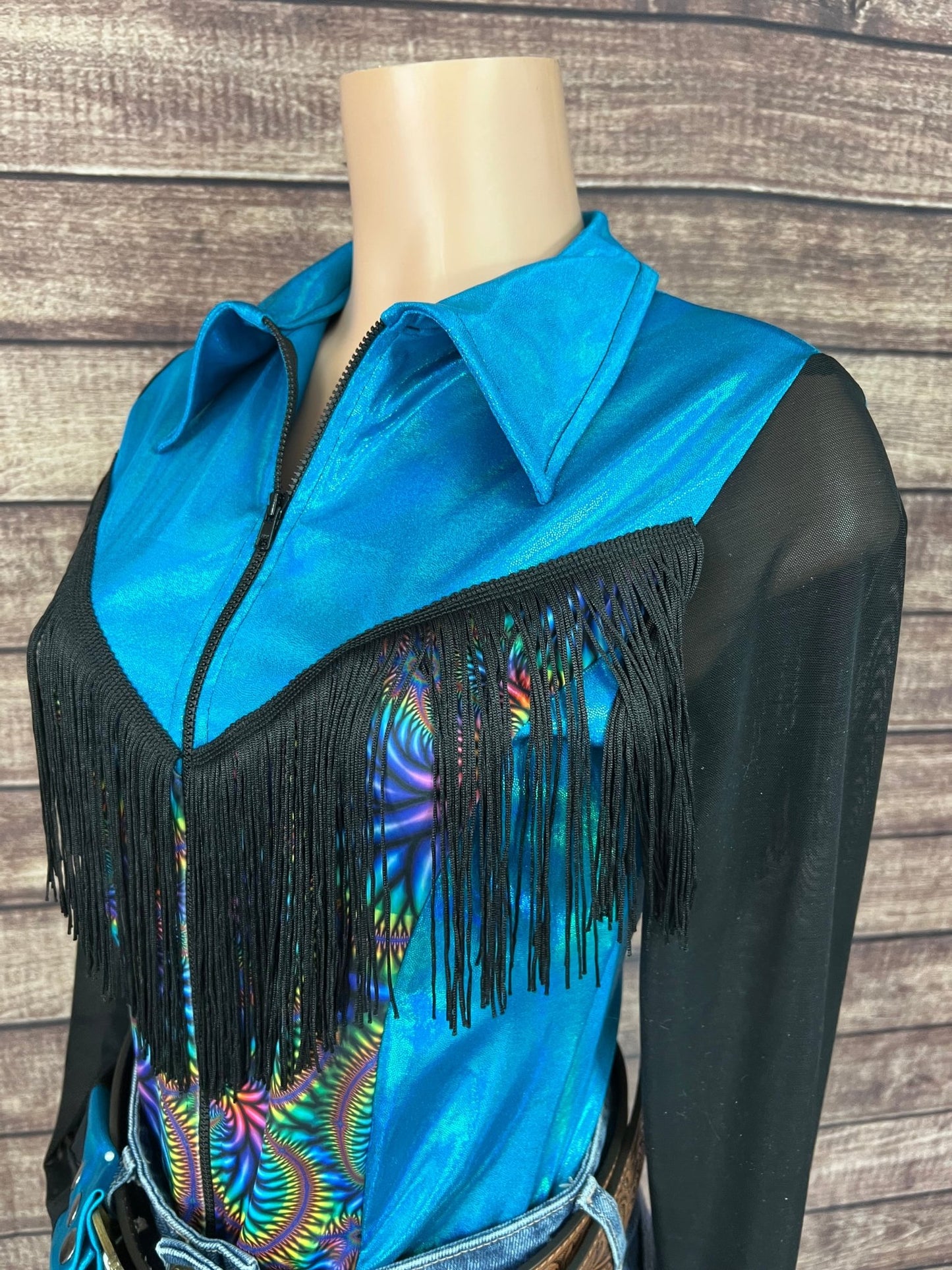 Cassidy Zipper Front Rodeo Shirt with Yoke Fringe and Mesh Sleeves - Riverside Rodeo Shirts