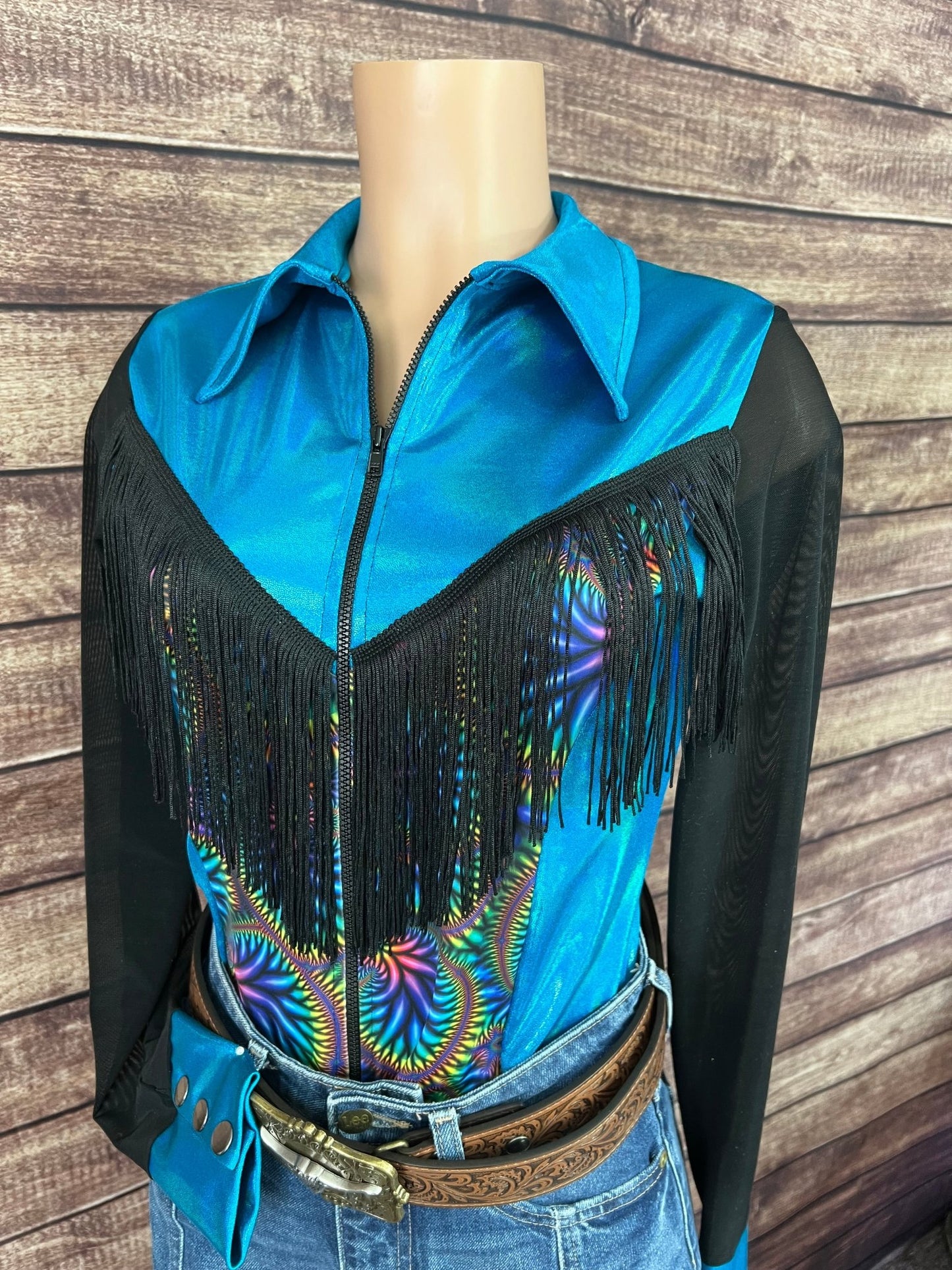 Cassidy Zipper Front Rodeo Shirt with Yoke Fringe and Mesh Sleeves - Riverside Rodeo Shirts
