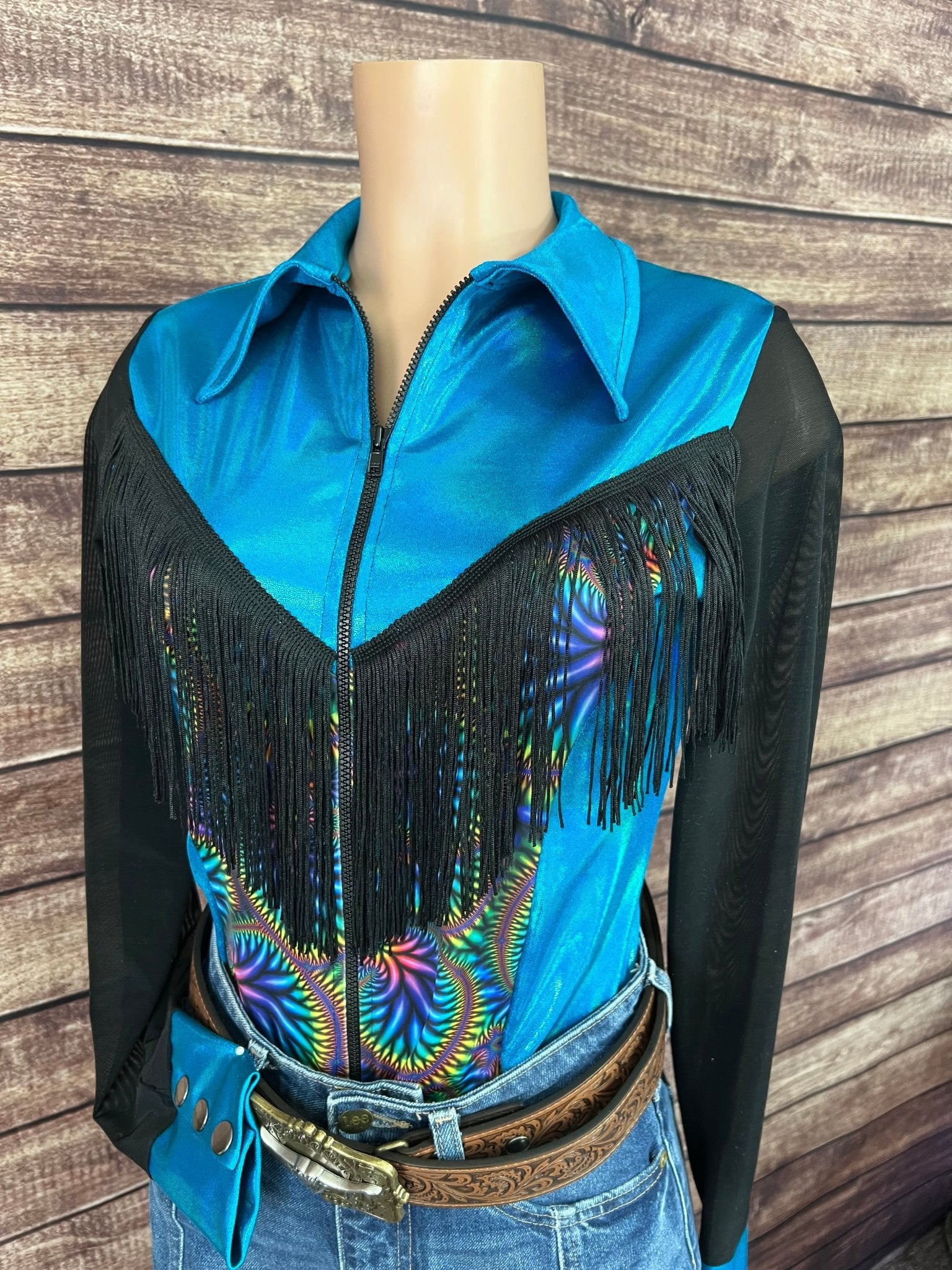 Cassidy Zipper Front Rodeo Shirt with Yoke Fringe and Mesh Sleeves - Riverside Rodeo Shirts