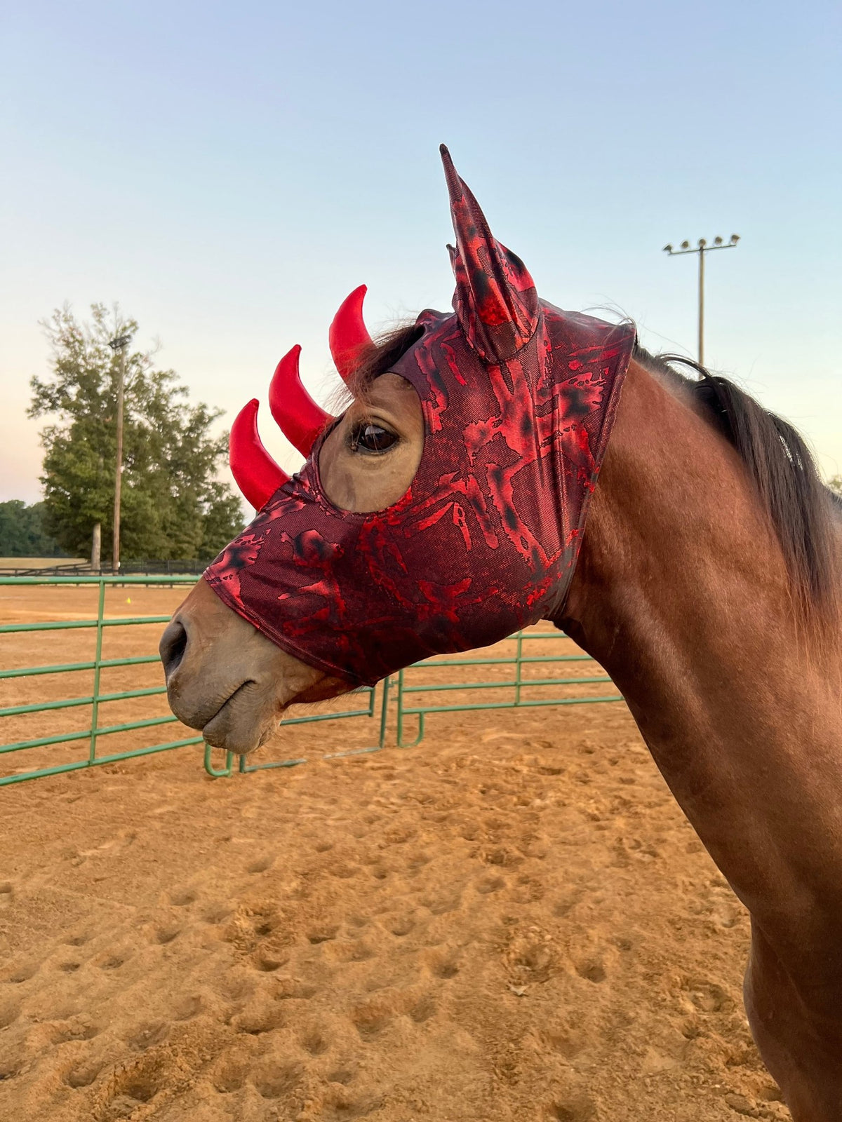 Crimson Red Triple Horn Dragon Costume Mask for Horses - Riverside Rodeo Shirts