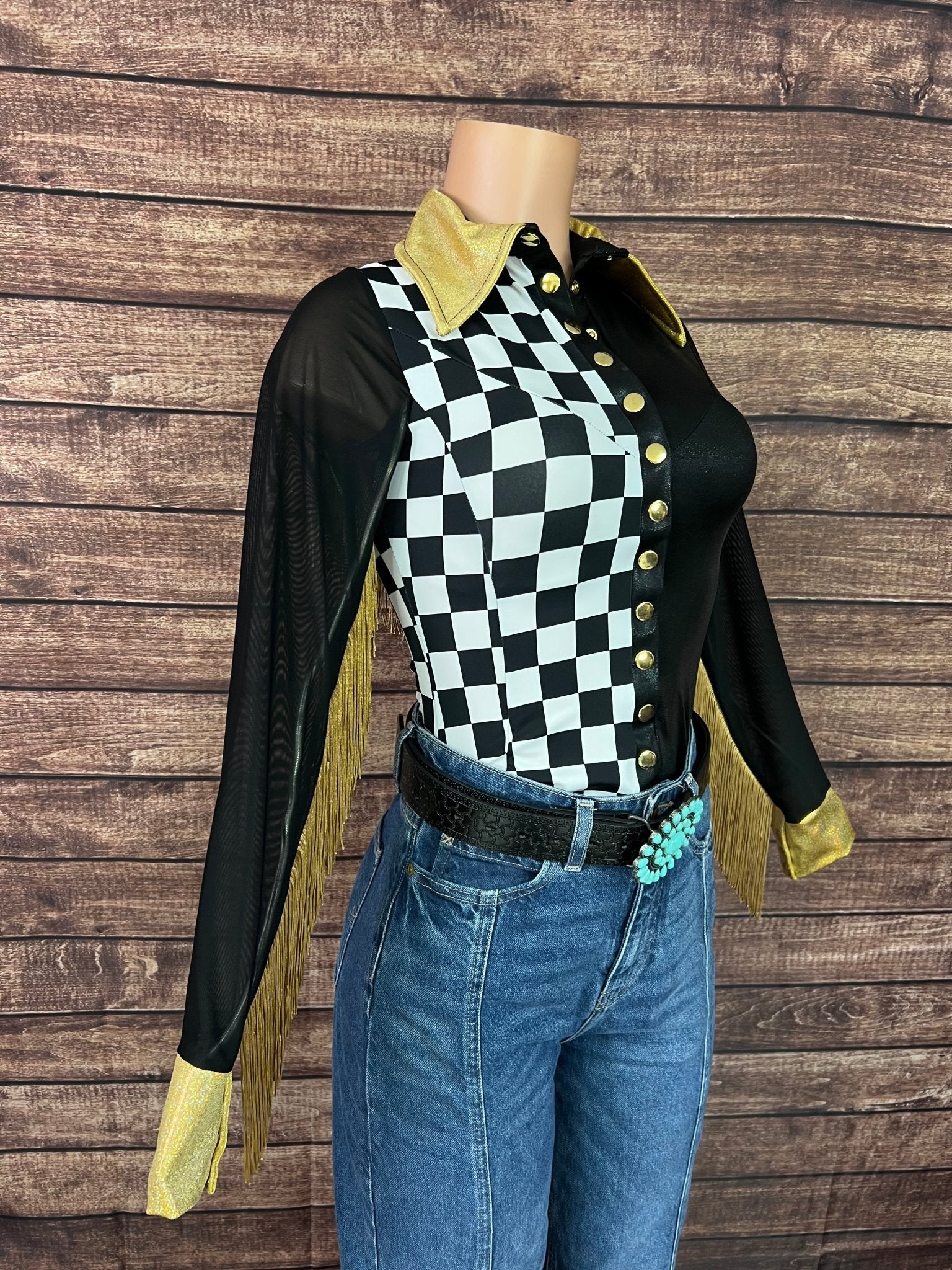 Double Take Zipper Front Rodeo Shirt with Back Yoke Fringe and Mesh Sleeves - Riverside Rodeo Shirts
