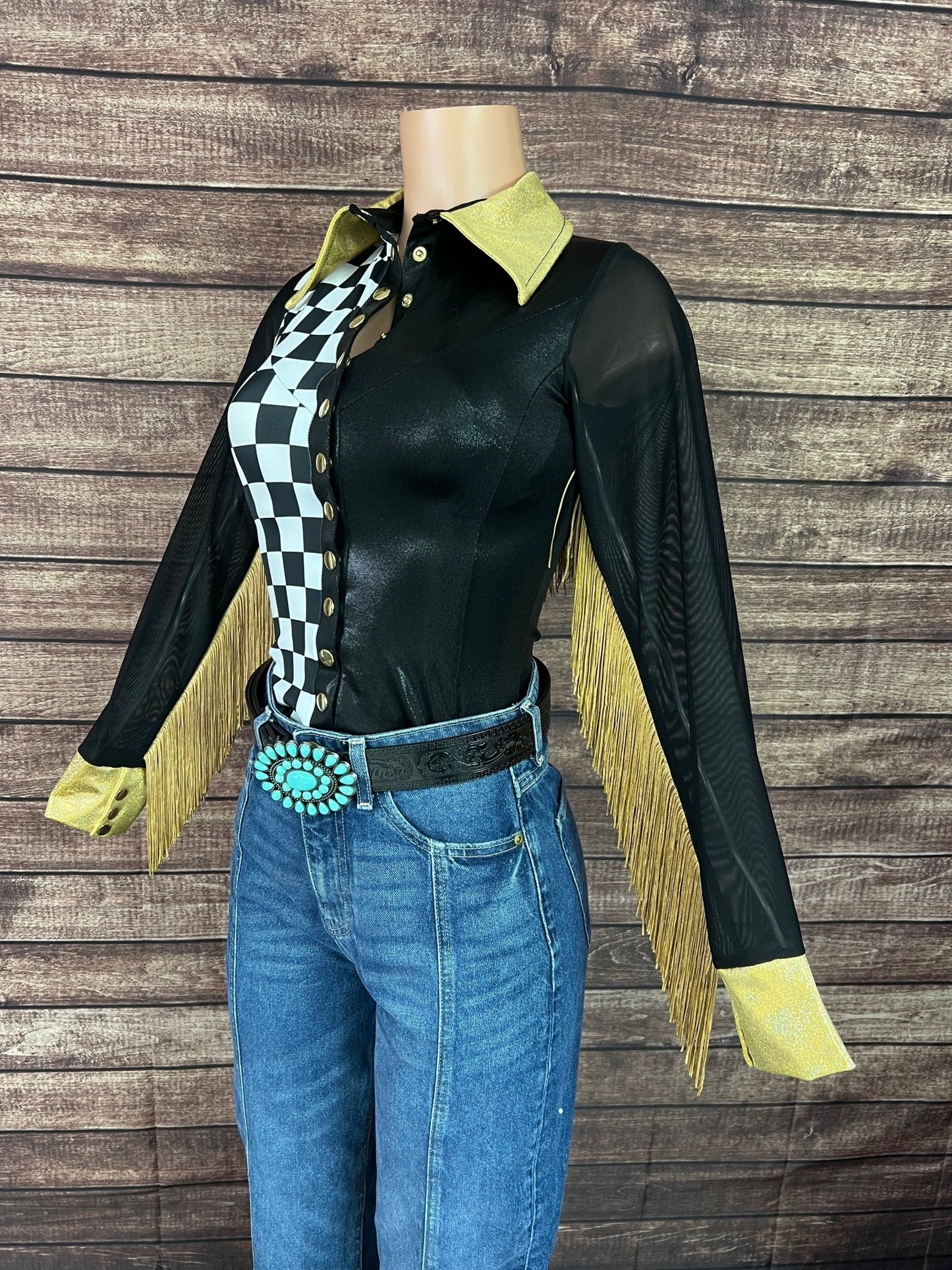 Double Take Zipper Front Rodeo Shirt with Back Yoke Fringe and Mesh Sleeves - Riverside Rodeo Shirts
