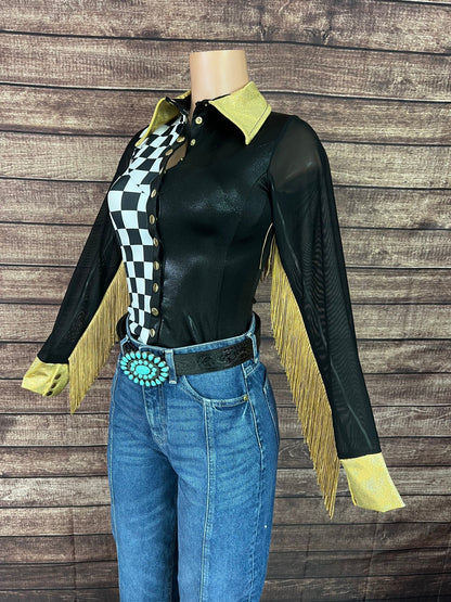 Double Take Zipper Front Rodeo Shirt with Back Yoke Fringe and Mesh Sleeves - Riverside Rodeo Shirts