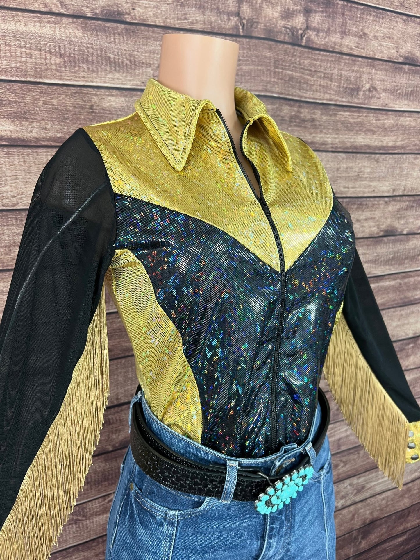 Gold and Black Kaleidoscope Mesh Sleeve Rodeo Shirt - Riverside Rodeo Shirts