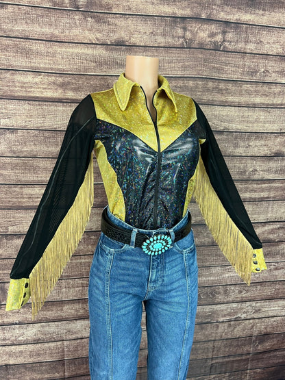 Gold and Black Kaleidoscope Mesh Sleeve Rodeo Shirt - Riverside Rodeo Shirts