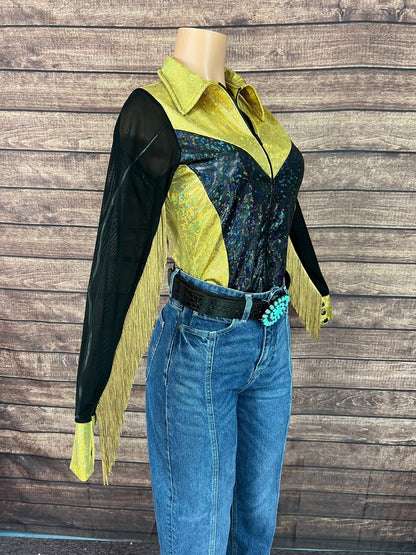Gold and Black Kaleidoscope Mesh Sleeve Rodeo Shirt - Riverside Rodeo Shirts