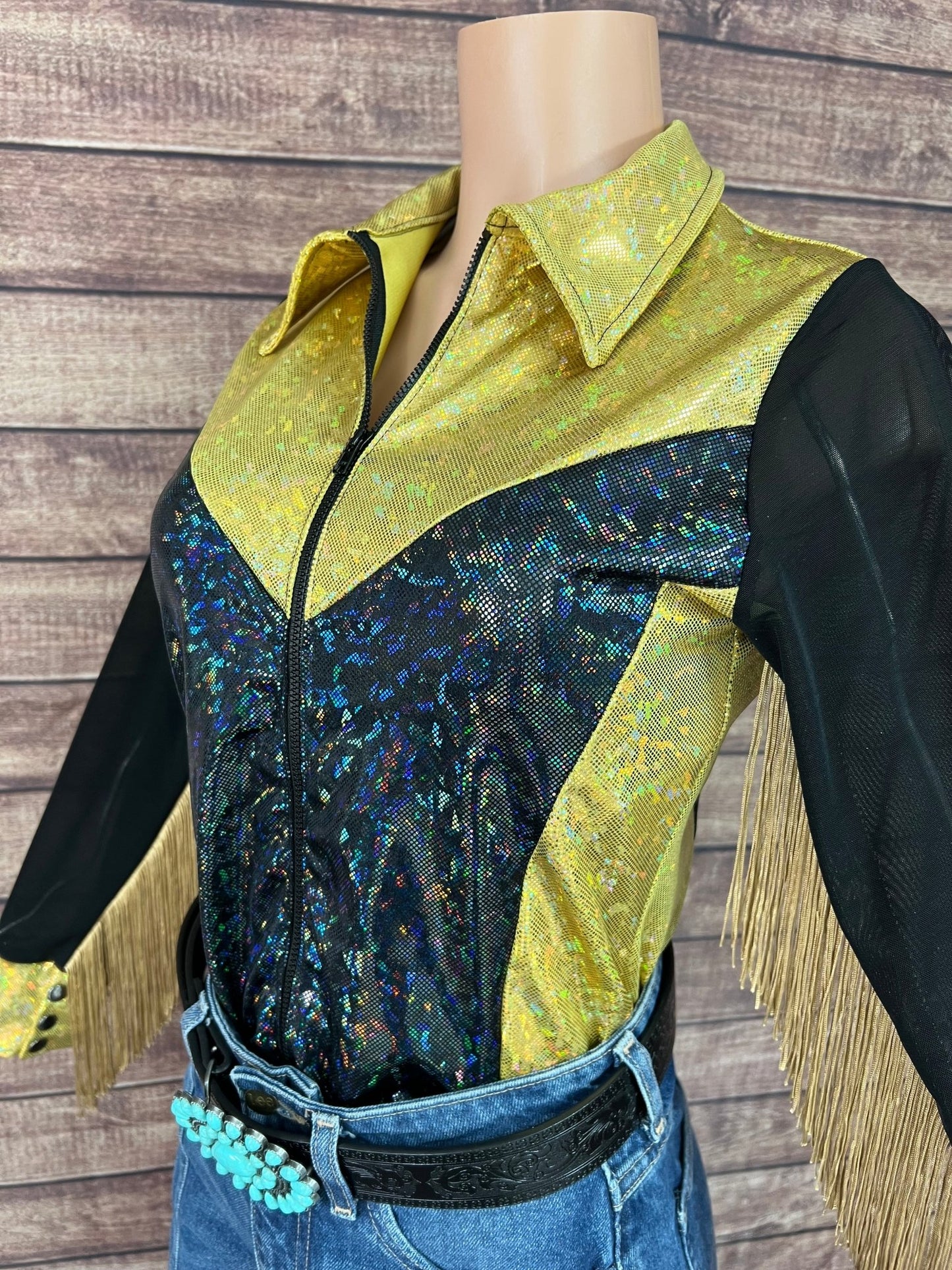 Gold and Black Kaleidoscope Mesh Sleeve Rodeo Shirt - Riverside Rodeo Shirts