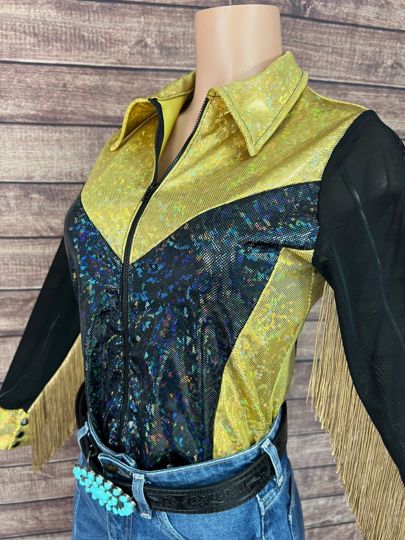 Gold and Black Kaleidoscope Mesh Sleeve Rodeo Shirt - Riverside Rodeo Shirts