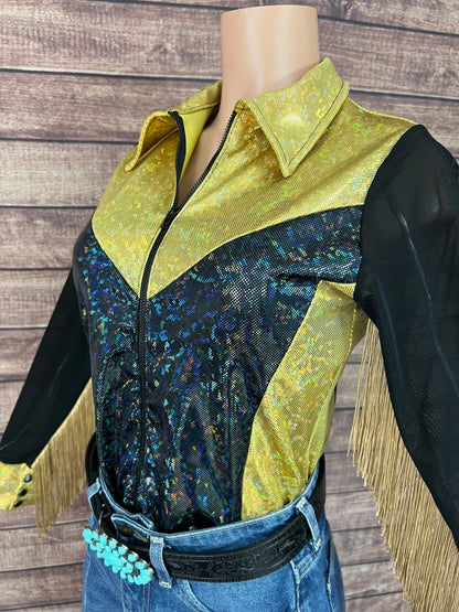 Gold and Black Kaleidoscope Mesh Sleeve Rodeo Shirt - Riverside Rodeo Shirts
