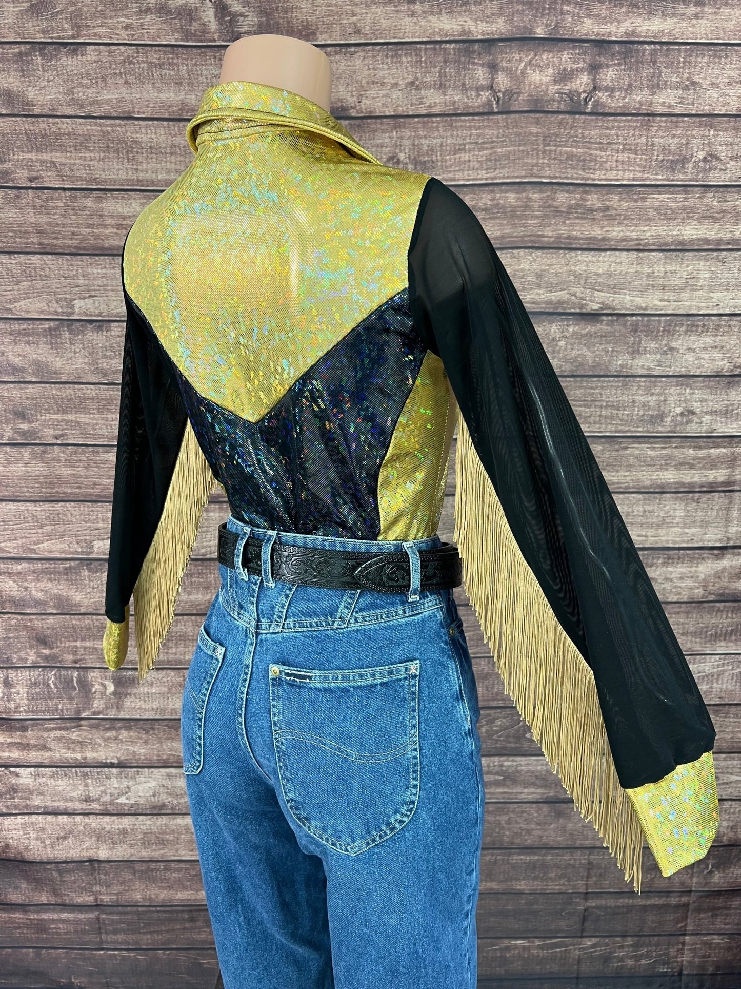 Gold and Black Kaleidoscope Mesh Sleeve Rodeo Shirt - Riverside Rodeo Shirts
