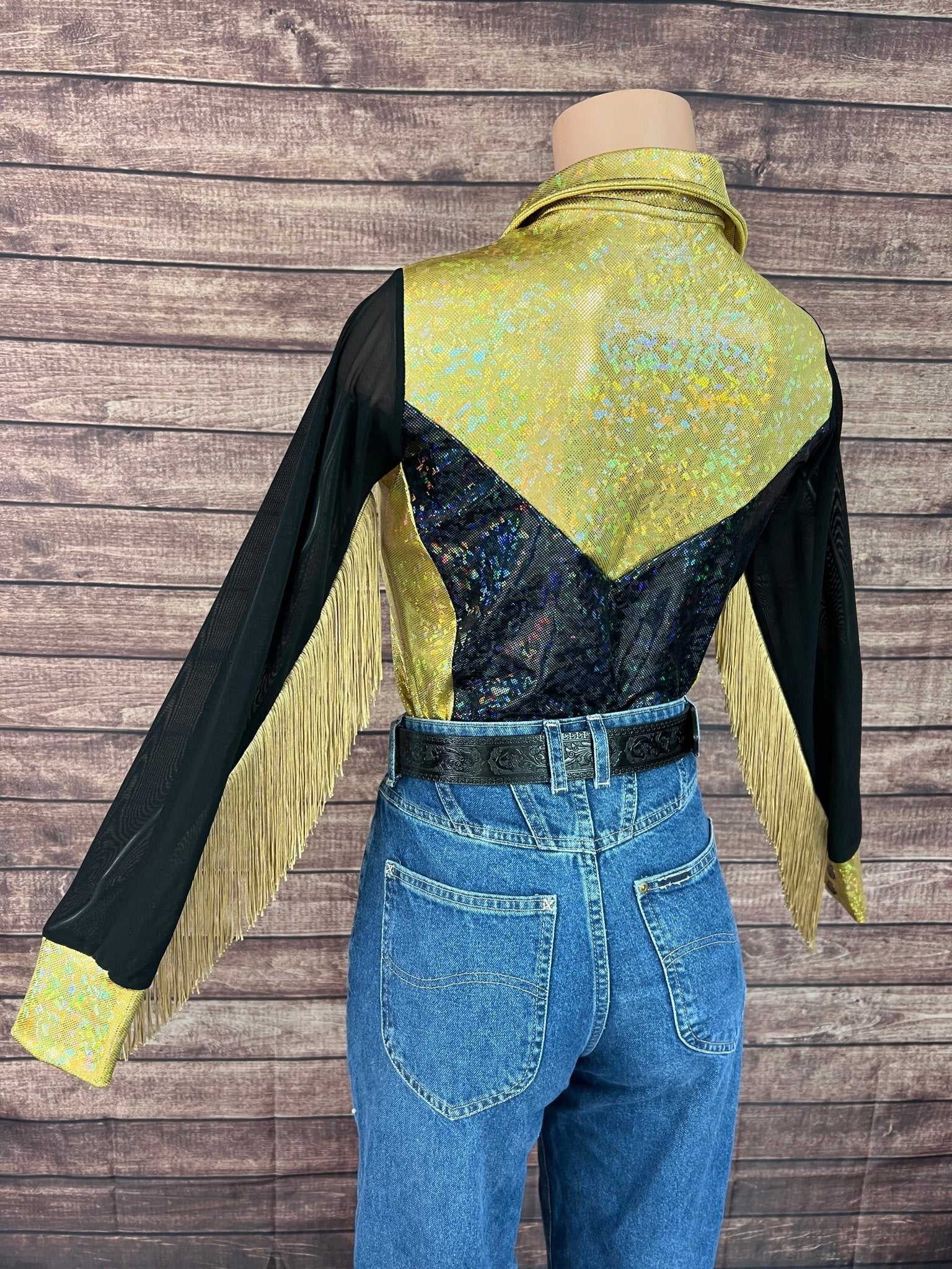 Gold and Black Kaleidoscope Mesh Sleeve Rodeo Shirt - Riverside Rodeo Shirts