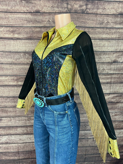 Gold and Black Kaleidoscope Mesh Sleeve Rodeo Shirt - Riverside Rodeo Shirts