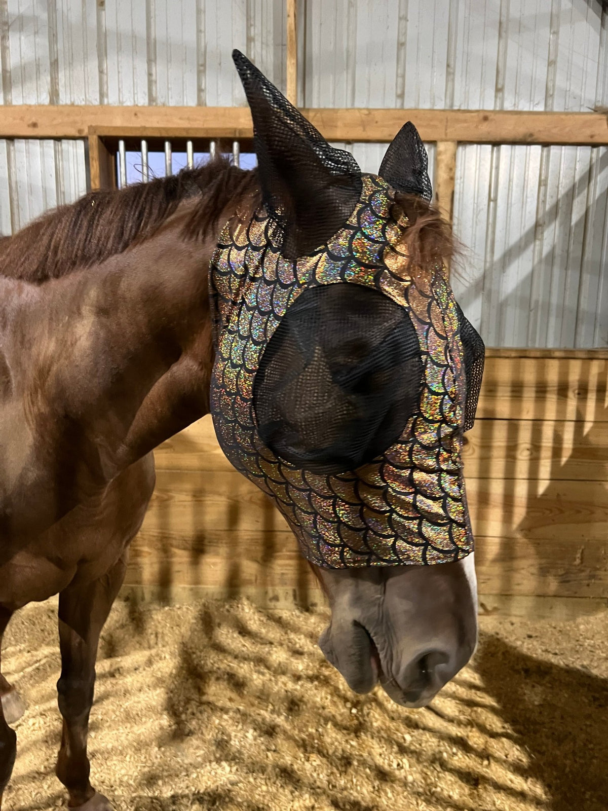 Gold Dragon Scale Fly Mask - Riverside Rodeo Shirts