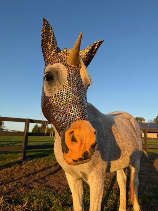 Golden Scaled Unicorn Costume Mask for Horses - Riverside Rodeo Shirts