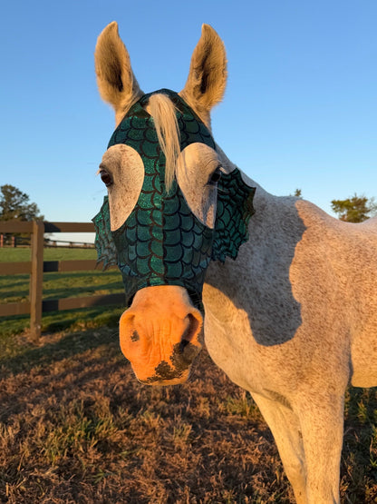 Green Dragon Scale Sea Creature Costume Mask for Horses - Riverside Rodeo Shirts