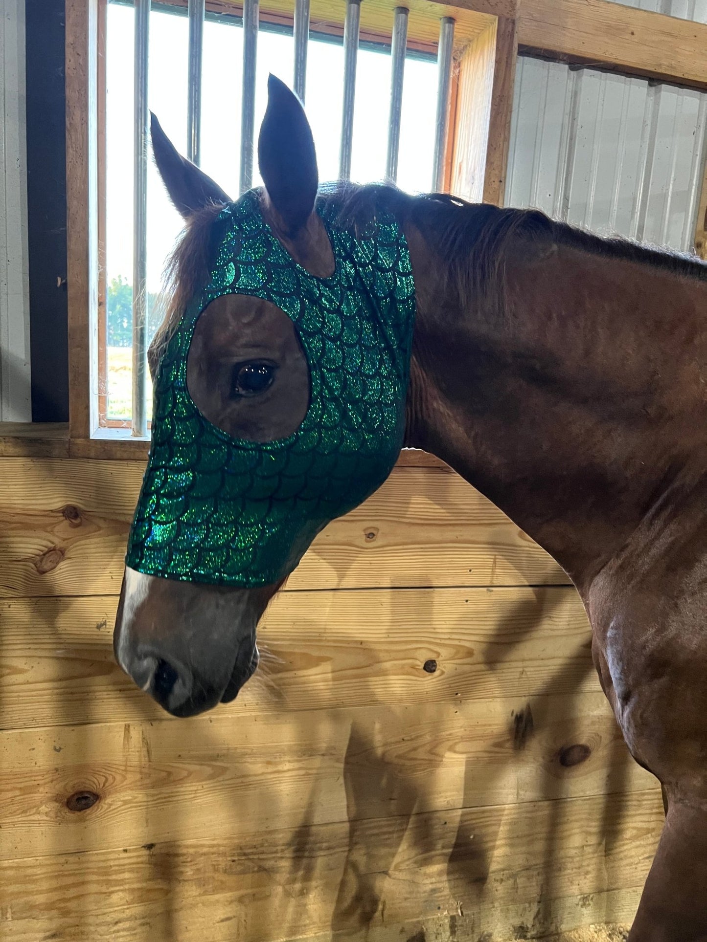 Green Dragon Scale Spandex Face Mask for Horses - Riverside Rodeo Shirts