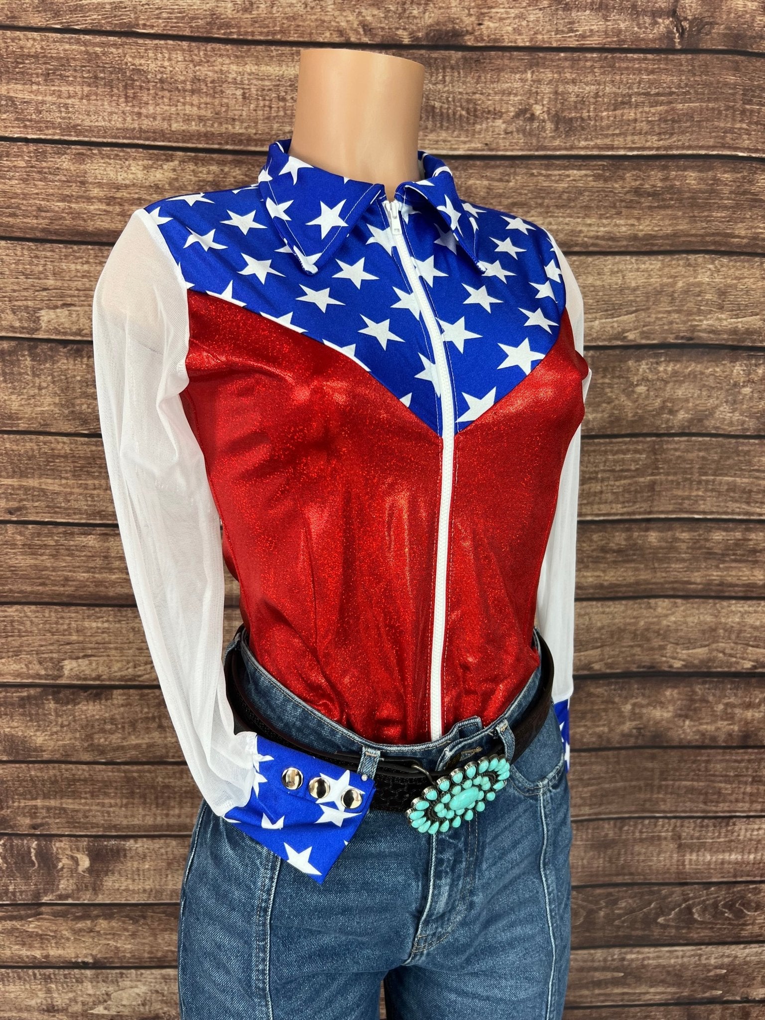 Independence Mesh Sleeve, Zipper Front Rodeo Shirt with Yoke Fringe - Riverside Rodeo Shirts