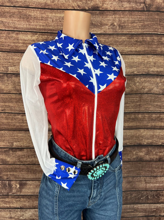 Independence Mesh Sleeve, Zipper Front Rodeo Shirt with Yoke Fringe - Riverside Rodeo Shirts