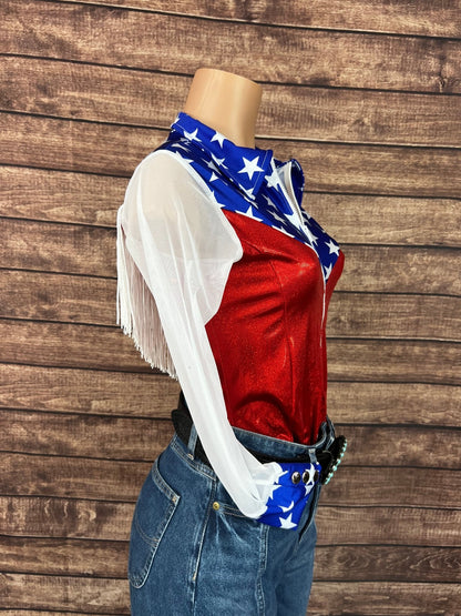 Independence Mesh Sleeve, Zipper Front Rodeo Shirt with Yoke Fringe - Riverside Rodeo Shirts