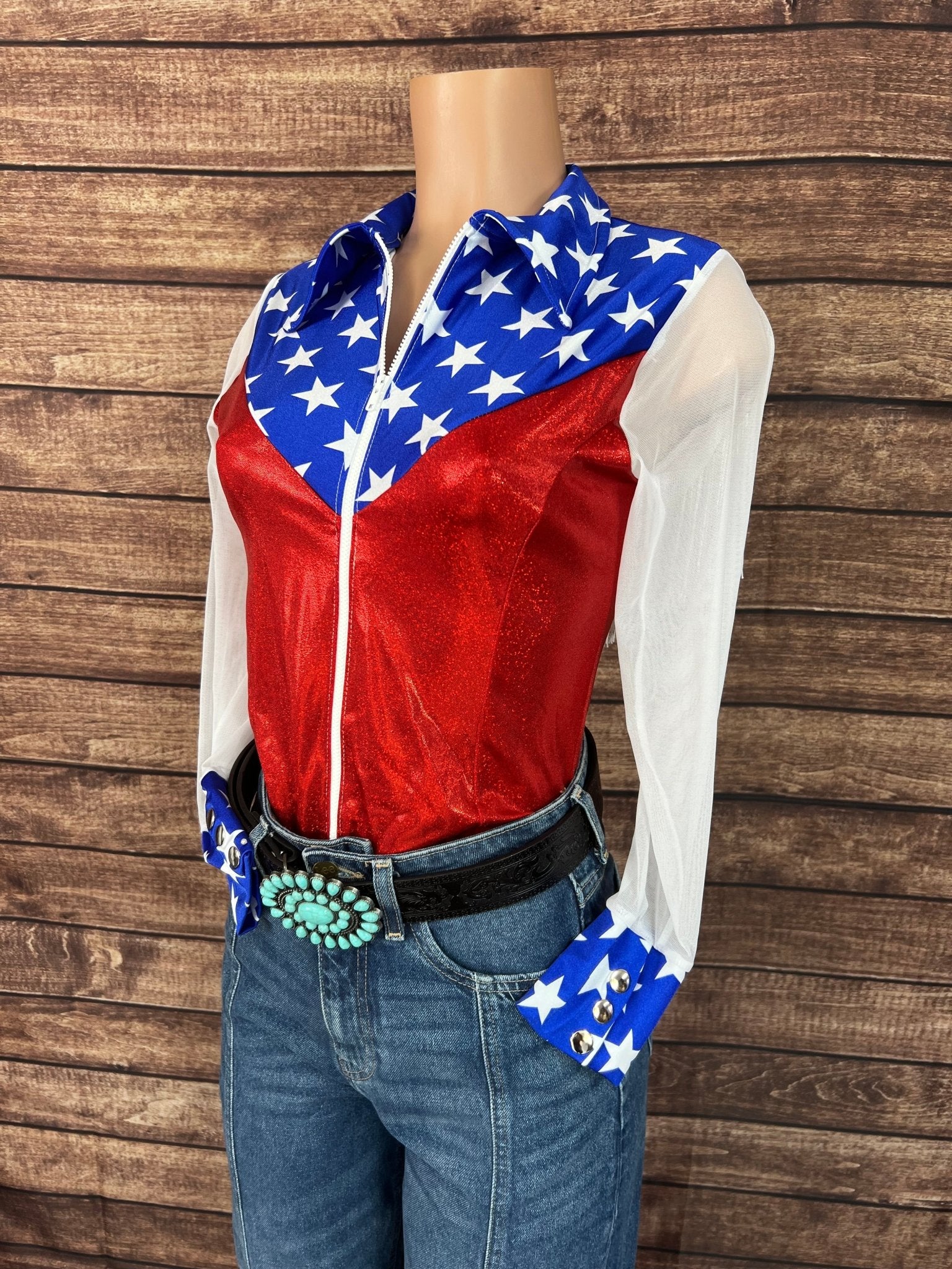 Independence Mesh Sleeve, Zipper Front Rodeo Shirt with Yoke Fringe - Riverside Rodeo Shirts