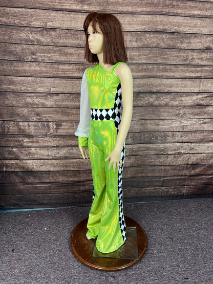 Kids Neon Green and Diamond One Sleeve Trick Rider Jumpsuit - Riverside Rodeo Shirts