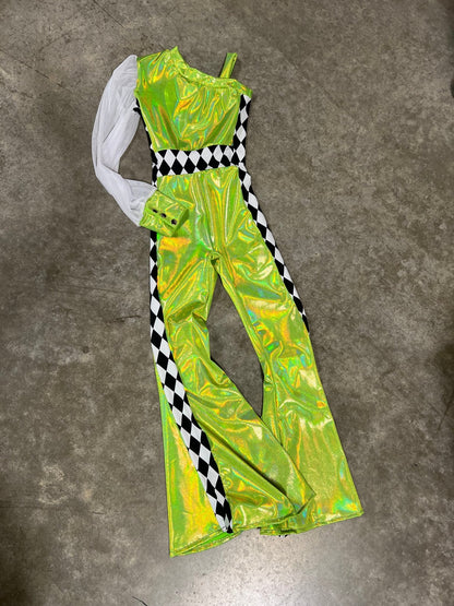 Kids Neon Green and Diamond One Sleeve Trick Rider Jumpsuit - Riverside Rodeo Shirts