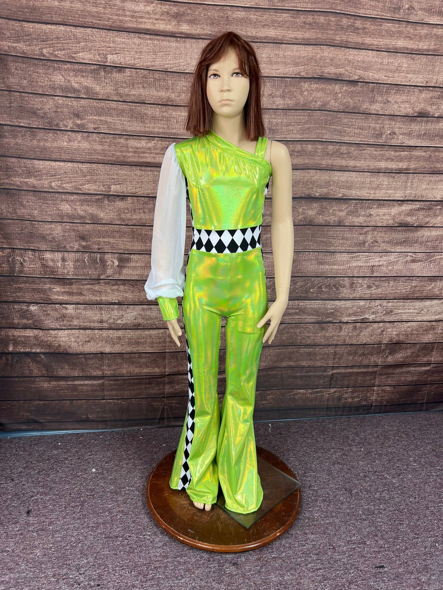 Kids Neon Green and Diamond One Sleeve Trick Rider Jumpsuit - Riverside Rodeo Shirts