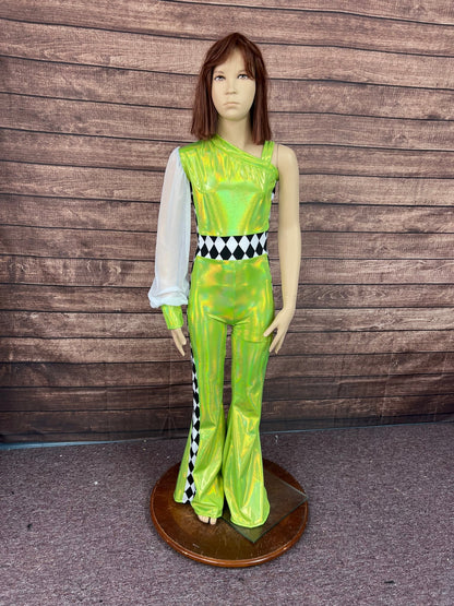 Kids Neon Green and Diamond One Sleeve Trick Rider Jumpsuit - Riverside Rodeo Shirts