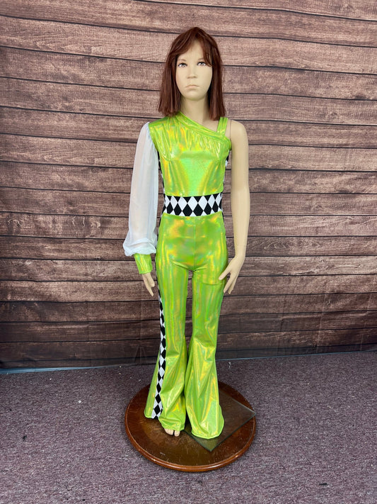 Kids Neon Green and Diamond One Sleeve Trick Rider Jumpsuit - Riverside Rodeo Shirts