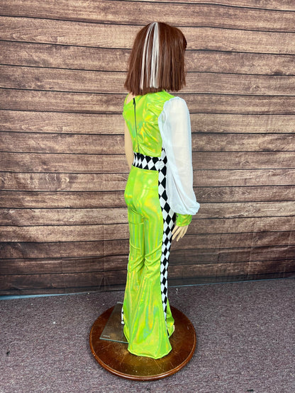 Kids Neon Green and Diamond One Sleeve Trick Rider Jumpsuit - Riverside Rodeo Shirts