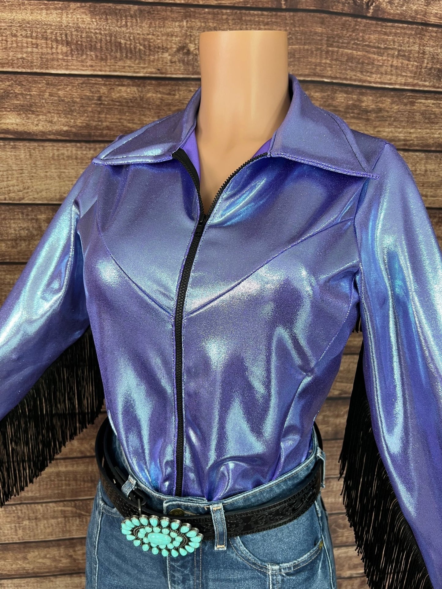 Lavender Ice Zipper Front Rodeo Shirt with Black Fringe - Riverside Rodeo Shirts