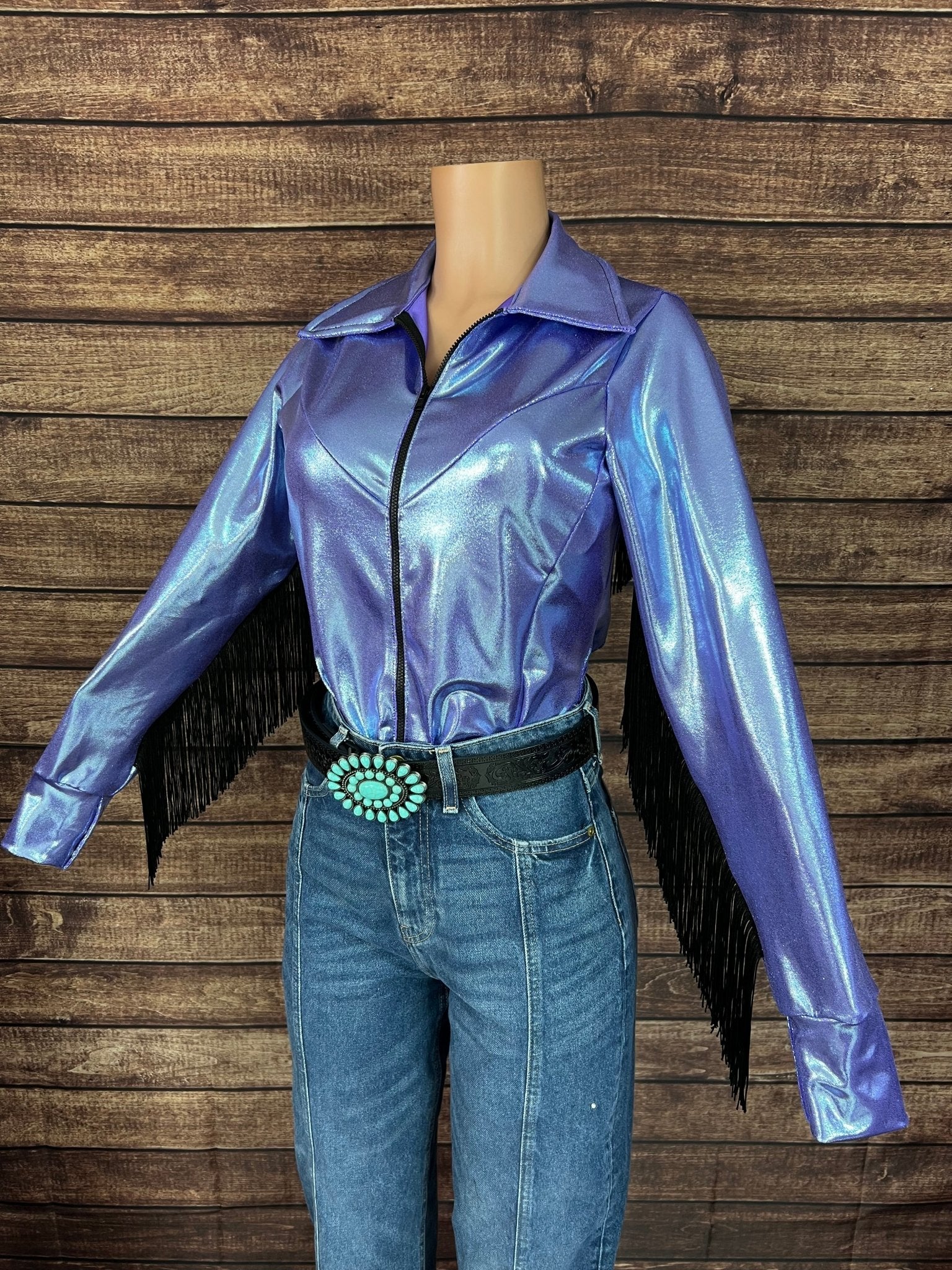 Lavender Ice Zipper Front Rodeo Shirt with Black Fringe - Riverside Rodeo Shirts