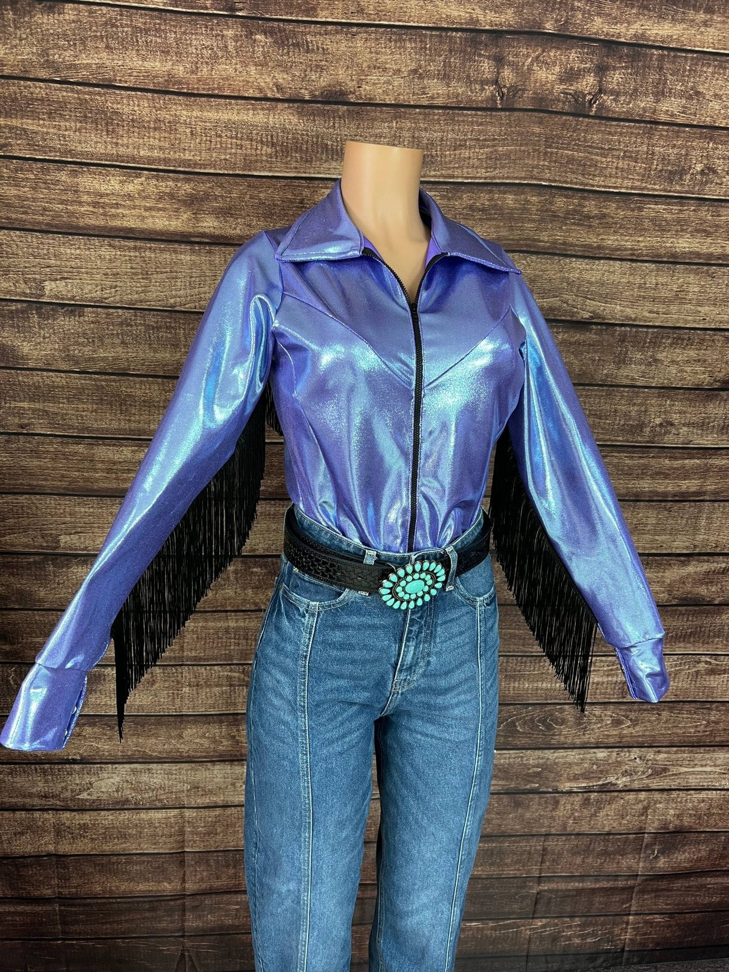 Lavender Ice Zipper Front Rodeo Shirt with Black Fringe - Riverside Rodeo Shirts
