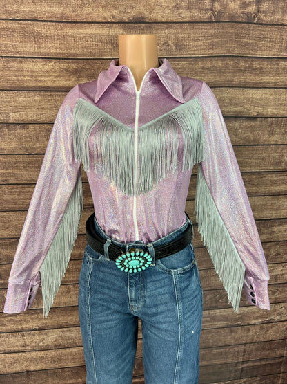 Lilac Sparkle Zipper Front Rodeo Shirt with Silver Fringe on Sleeves AND Yoke - Riverside Rodeo Shirts