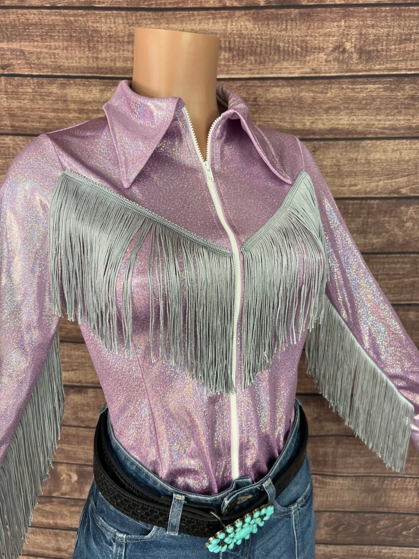 Lilac Sparkle Zipper Front Rodeo Shirt with Silver Fringe on Sleeves AND Yoke - Riverside Rodeo Shirts