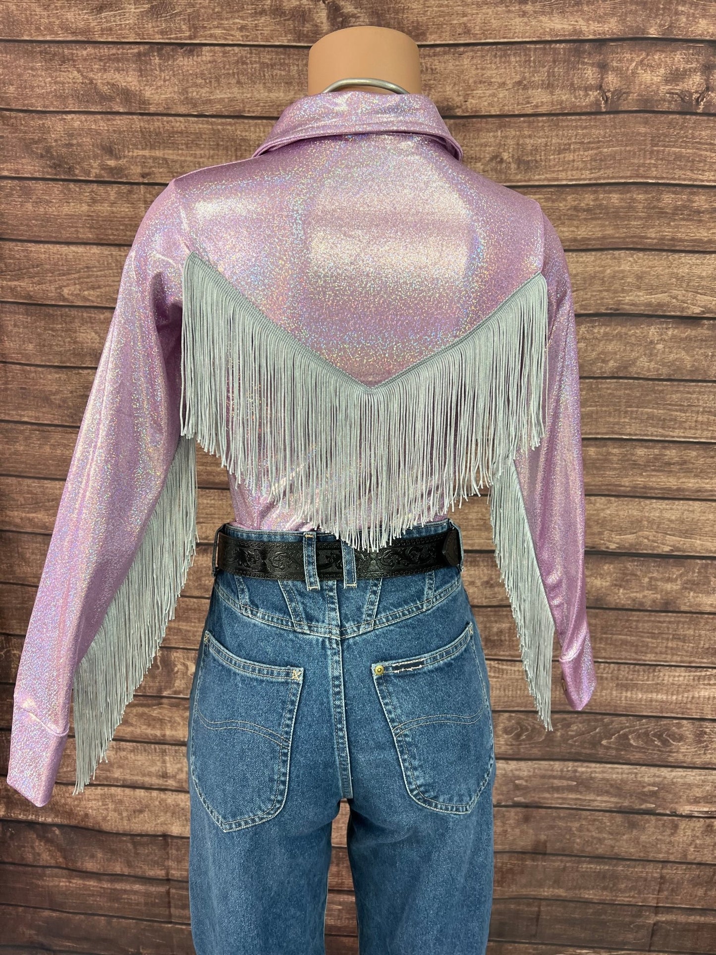 Lilac Sparkle Zipper Front Rodeo Shirt with Silver Fringe on Sleeves AND Yoke - Riverside Rodeo Shirts