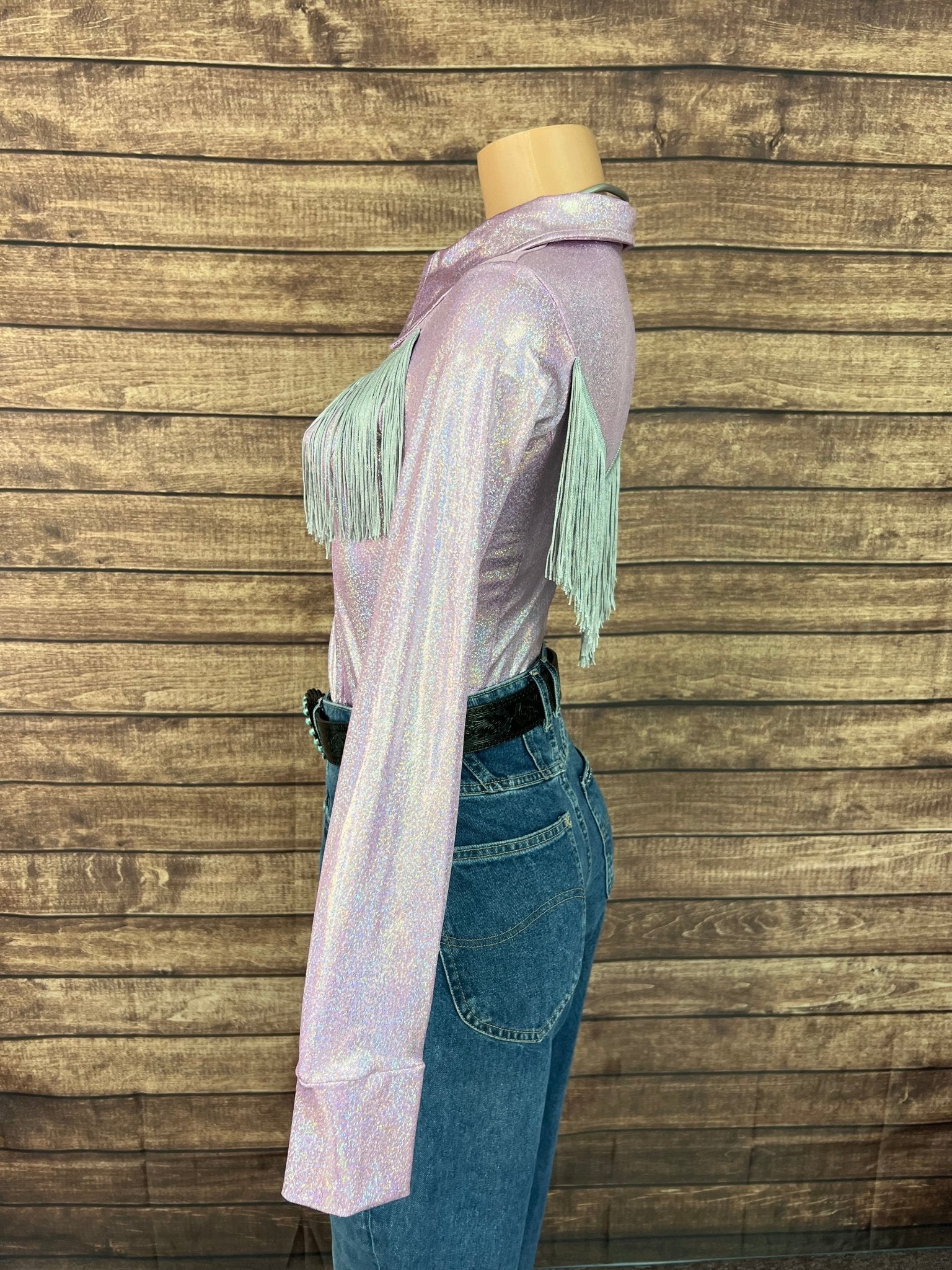 Lilac Sparkle Zipper Front Rodeo Shirt with Silver Fringe on Sleeves AND Yoke - Riverside Rodeo Shirts