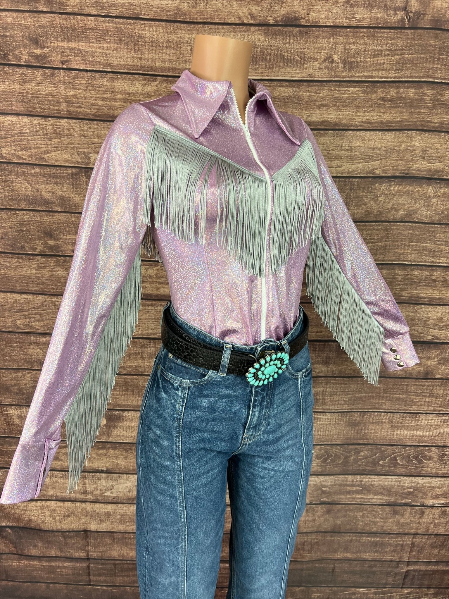 Lilac Sparkle Zipper Front Rodeo Shirt with Silver Fringe on Sleeves AND Yoke - Riverside Rodeo Shirts