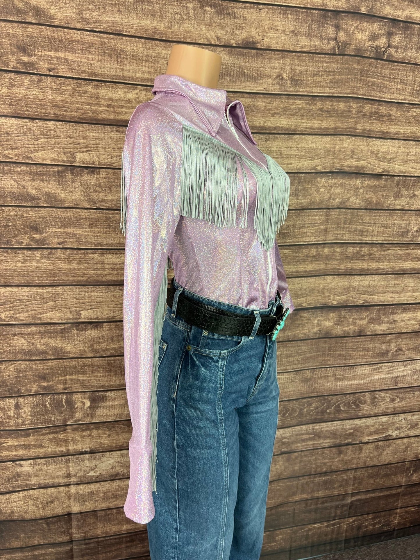 Lilac Sparkle Zipper Front Rodeo Shirt with Silver Fringe on Sleeves AND Yoke - Riverside Rodeo Shirts