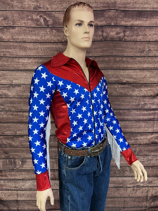Mens Firecracker Rodeo Shirt with Zipper Front and White Fringe - Riverside Rodeo Shirts