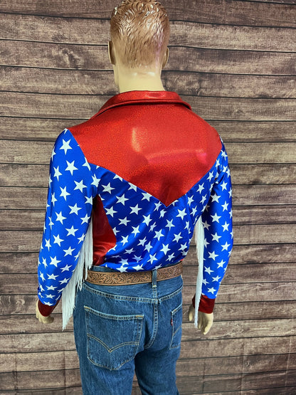 Mens Firecracker Rodeo Shirt with Zipper Front and White Fringe - Riverside Rodeo Shirts
