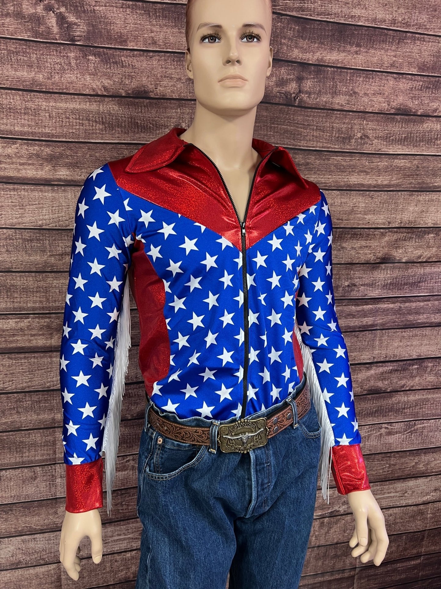 Mens Firecracker Rodeo Shirt with Zipper Front and White Fringe - Riverside Rodeo Shirts