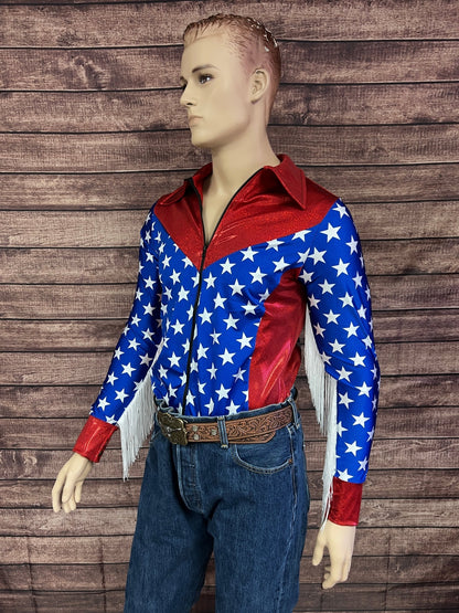 Mens Firecracker Rodeo Shirt with Zipper Front and White Fringe - Riverside Rodeo Shirts